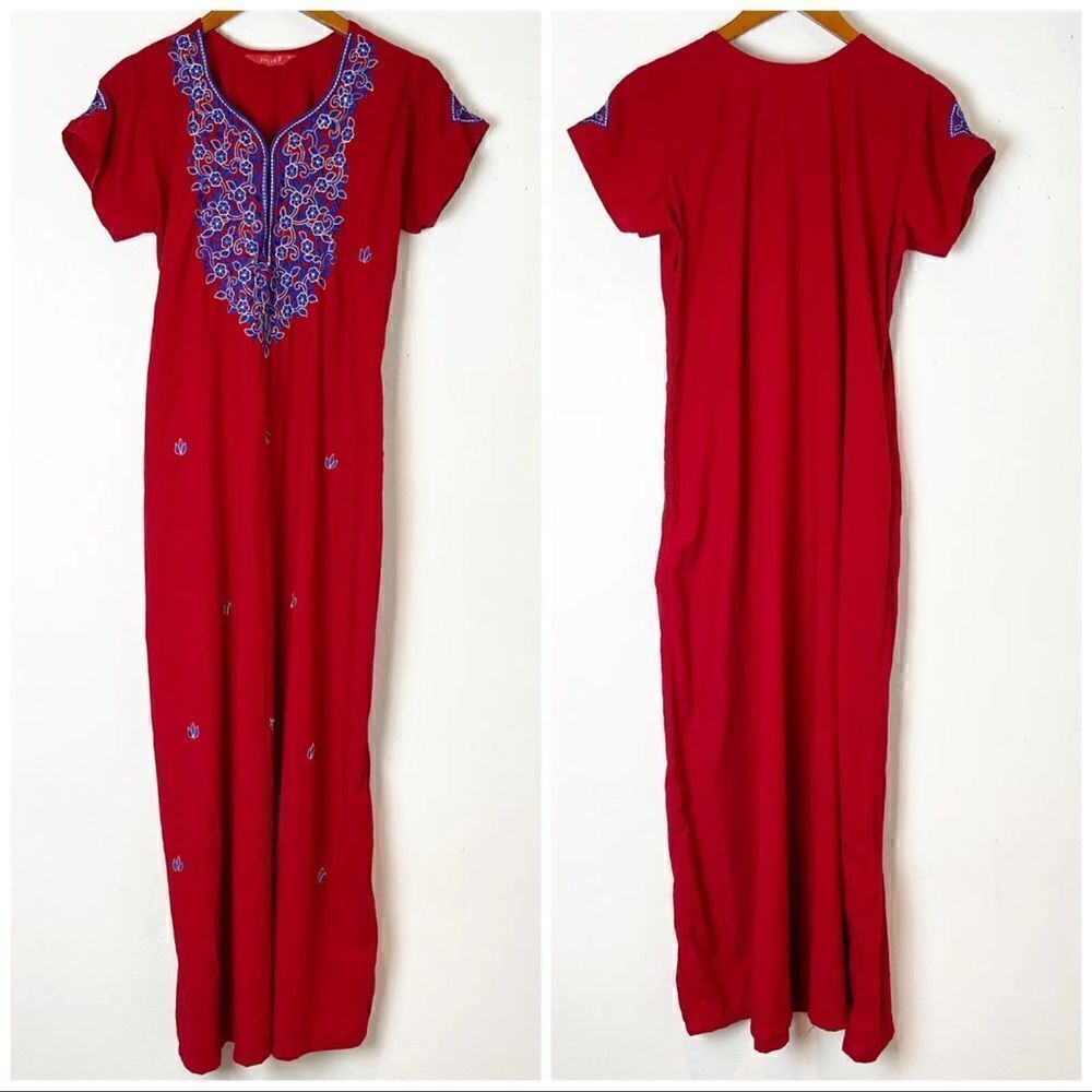 Pakistani / Indian Long Dress Embroidered Floral Red & Blue Wedding & Party Wear